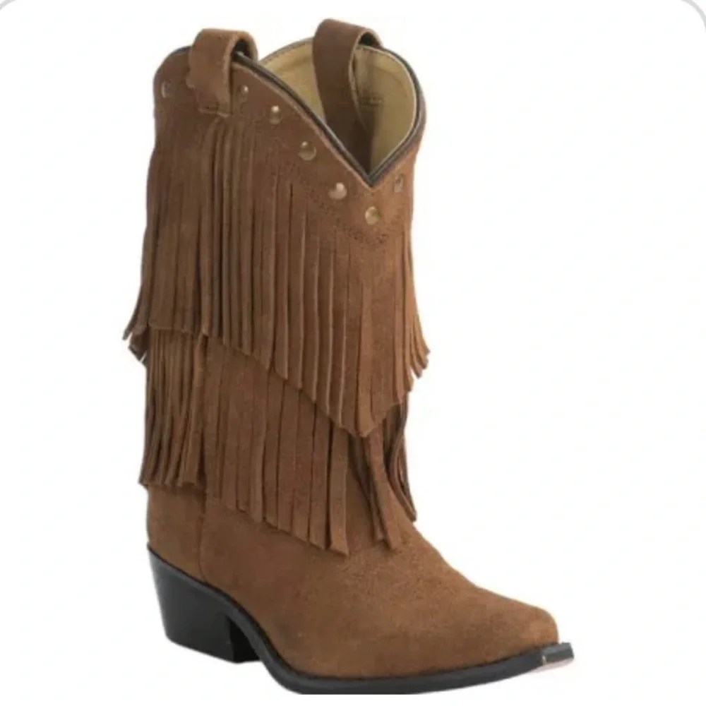 Smoky Mountain Wisteria Suede Studded Kids Brown Western Cowboy Fringe Boots 4
